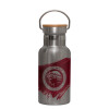 Stainless steel metallic thermos flask, silver with a bamboo lid, double-walled, 350ml.