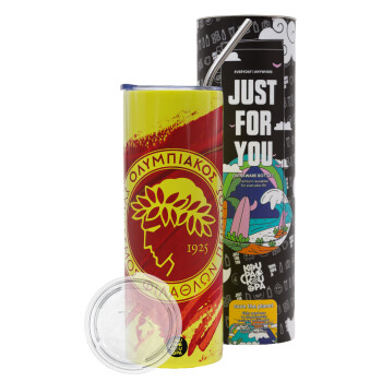 Olympiacos F.C., Neon Yellow Travel Tumbler, with metal straw (Stainless steel 304 Food grade, BPA free, 600ml)