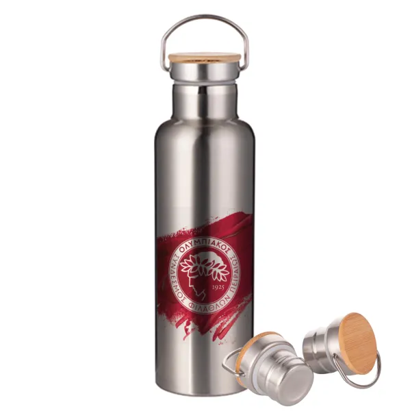 Olympiacos F.C. — Μεταλλικό παγούρι θερμός (Stainless steel) Ασημένιο με ξύλινο καπακι (bamboo), διπλού τοιχώματος, 750ml