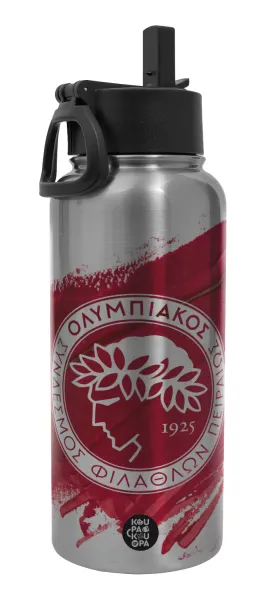 Olympiacos F.C. — Metal mug thermo Silver with Straw and Spout Lid (Stainless steel), double wall, 950ml