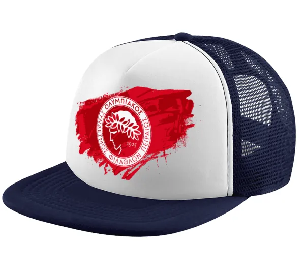 Olympiacos F.C. — Adult Soft Trucker Hat with Dark Blue/White Mesh (POLYESTER, ADULT, UNISEX, ONE SIZE)