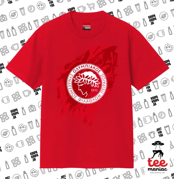 Olympiacos F.C. — ΚΟΚΚΙΝΟ Κλασικό T-Shirt, διπλής ραφής, χωρίς πλευρικές ραφές από 100% βαμβάκι. Vegan & OEKO-TEX πιστοποιημένο.
