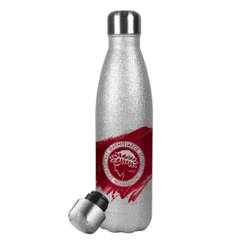 Olympiacos F.C., Μεταλλικό παγούρι θερμός Glitter Aσημένιο (Stainless steel), διπλού τοιχώματος, 500ml
