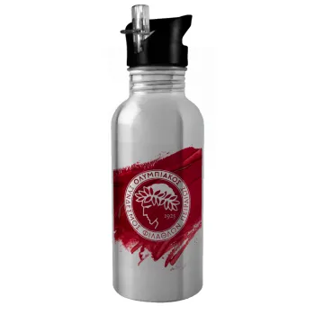 Olympiacos F.C., Water bottle Silver with straw, stainless steel 600ml
