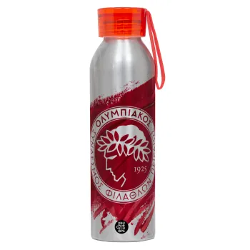Olympiacos F.C., Αλουμινένιο Αθλητικό Μπουκάλι 650ml – Ασημί με Κόκκινο Καπάκι και Λουράκι Σιλικόνης