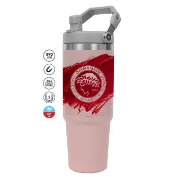 Olympiacos F.C., Pink color, 890ml (30oz) stainless Steel Tumbler with Handle