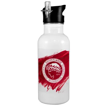 Olympiacos F.C., White water bottle with straw, stainless steel 600ml
