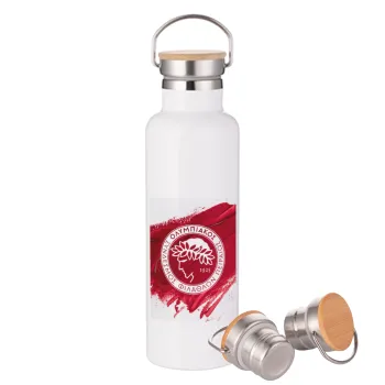 Olympiacos F.C., Μεταλλικό παγούρι θερμός (Stainless steel) Λευκό με ξύλινο καπάκι (bamboo), διπλού τοιχώματος, 750ml