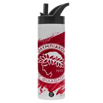 Olympiacos F.C., Metallic thermos bottle with straw & handle, stainless steel (Stainless steel 304), double-walled, 600ml.