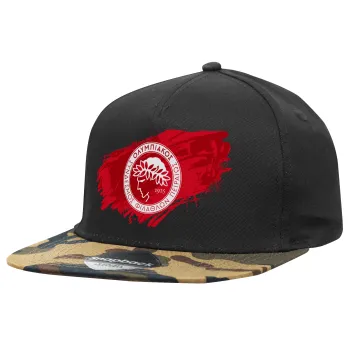 Olympiacos F.C., Adult Flat Snapback Hat Black/Camouflage, (100% COTTON TWILL, ADULT, UNISEX, ONE SIZE)