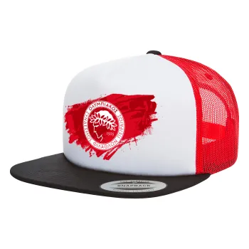 Olympiacos F.C., Adult Foam Flat Snapback with Mesh Black-White-Red (POLYESTER, ADULT, UNISEX, ONE SIZE)
