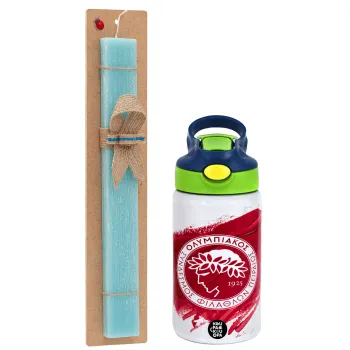 Olympiacos F.C., Πασχαλινή Λαμπάδα με Παιδικό παγούρι θερμό, ανοξείδωτο, με καλαμάκι ασφαλείας, πράσινο/μπλε (350ml) & κερί αρωματικό πλακέ (30cm) (ΤΙΡΚΟΥΑΖ)