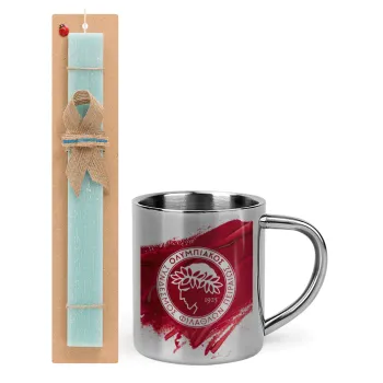 Olympiacos F.C., Easter Set, metallic thermal cup (300ml) & aromatic flat Easter candle (30cm) (TURQUOISE)