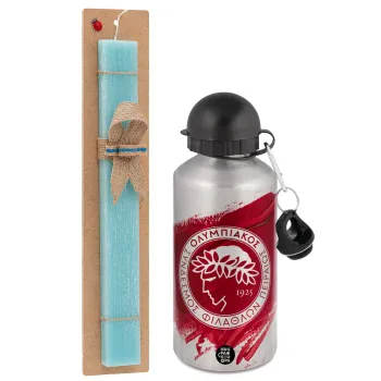 Olympiacos F.C., Easter Set, metallic silver aluminum water bottle (500ml) & scented flat Easter candle (30cm) (TURQUOISE)