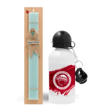 Olympiacos F.C., Easter Set, metallic aluminum water bottle (500ml) & scented flat candle (30cm) (TURQUOISE)