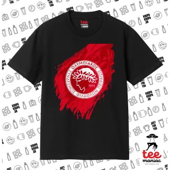 Olympiacos F.C., Κλασικό T-Shirt, διπλής ραφής, χωρίς πλευρικές ραφές ΜΑΥΡΟ από 100% βαμβάκι. Vegan & OEKO-TEX πιστοποιημένο.