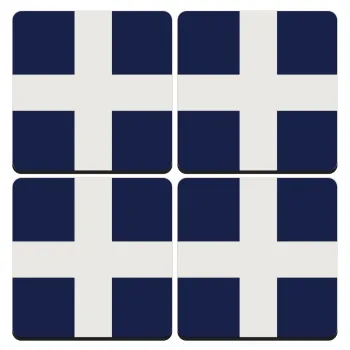 Ελληνική σημαία, Hellas, ΣΕΤ 4 Σουβέρ ξύλινα τετράγωνα (9cm)