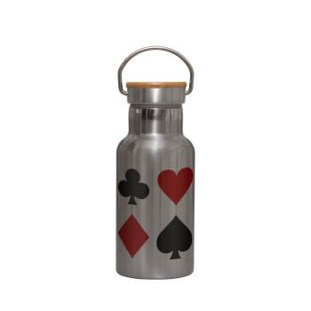 Τραπουλόχαρτα, Stainless steel metallic thermos flask, silver with a bamboo lid, double-walled, 350ml.