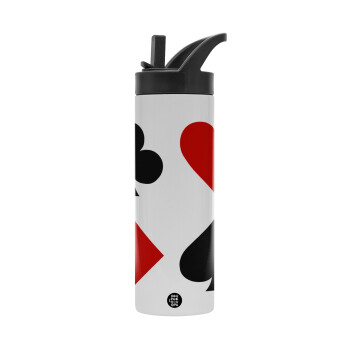 Τραπουλόχαρτα, Metallic thermos bottle with straw & handle, stainless steel (Stainless steel 304), double-walled, 600ml.