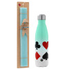 Easter Set, Metallic green/white thermos (Stainless steel), double-walled, 500ml & scented flat Easter candle (30cm) (TURQUOISE)