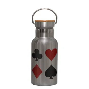 Τραπουλόχαρτα, Stainless steel metallic thermos flask, silver with a bamboo lid, double-walled, 350ml.