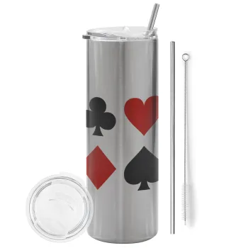 Τραπουλόχαρτα, Tumbler ποτήρι θερμό Ασημένιο από ανοξείδωτο ατσάλι 600ml, με μεταλλικό καλαμάκι & βούρτσα καθαρισμού