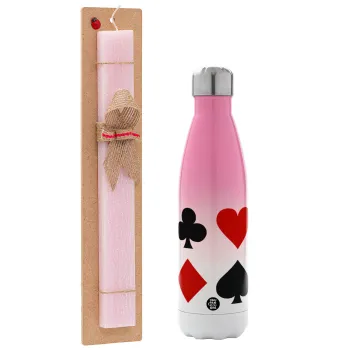 Τραπουλόχαρτα, Πασχαλινή Λαμπάδα με Μεταλλικό παγούρι θερμός Ροζ/Λευκό (Stainless steel), διπλού τοιχώματος, 500ml & κερί αρωματικό πλακέ (30cm) (ΡΟΖ)