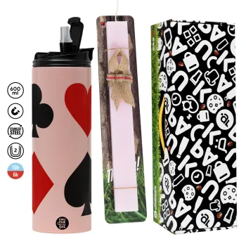 Τραπουλόχαρτα, Πασχαλινή Λαμπάδα με  ΡΟΖ Travel Tumbler θερμό (600ml, BPA free) & κερί αρωματικό πλακέ (30cm) (ΡΟΖ)