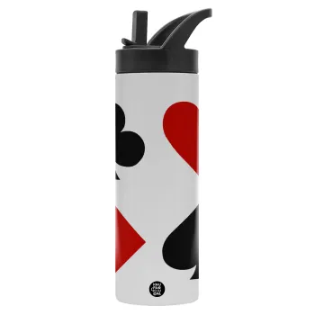 Τραπουλόχαρτα, Μεταλλικό παγούρι θερμός με καλαμάκι & χειρολαβή, ανοξείδωτο ατσάλι (Stainless steel 304), διπλού τοιχώματος, 600ml