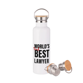 2nd, World Best Lawyer , Μεταλλικό παγούρι θερμός (Stainless steel) Λευκό με ξύλινο καπακι (bamboo), διπλού τοιχώματος, 750ml