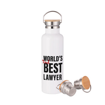 2nd, World Best Lawyer , Μεταλλικό παγούρι θερμός (Stainless steel) Λευκό με ξύλινο καπάκι (bamboo), διπλού τοιχώματος, 750ml