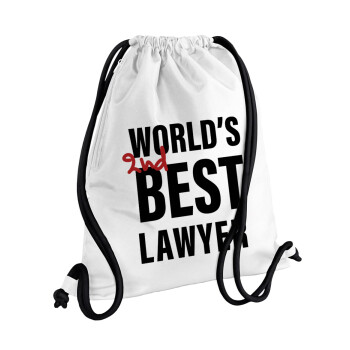 2nd, World Best Lawyer , Τσάντα πλάτης πουγκί GYMBAG λευκή, με τσέπη (40x48cm) & χονδρά κορδόνια
