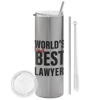 2nd, World Best Lawyer , Eco friendly ποτήρι θερμό Ασημένιο (tumbler) από ανοξείδωτο ατσάλι 600ml, με μεταλλικό καλαμάκι & βούρτσα καθαρισμού