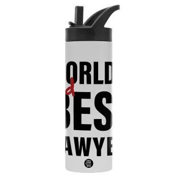 2nd, World Best Lawyer , Μεταλλικό παγούρι θερμός με καλαμάκι & χειρολαβή, ανοξείδωτο ατσάλι (Stainless steel 304), διπλού τοιχώματος, 600ml
