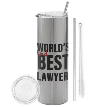 2nd, World Best Lawyer , Tumbler ποτήρι θερμό Ασημένιο από ανοξείδωτο ατσάλι 600ml, με μεταλλικό καλαμάκι & βούρτσα καθαρισμού