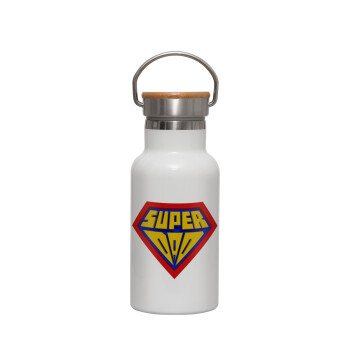 Super Dad 3D, Metallic thermos (Stainless steel) White with wooden lid (bamboo), double-walled, 350ml