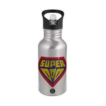 Super Dad 3D, Water bottle Silver with straw, stainless steel 500ml