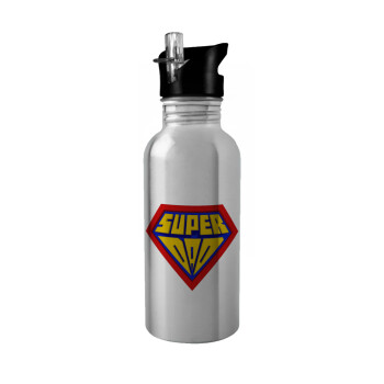 Super Dad 3D, Water bottle Silver with straw, stainless steel 600ml