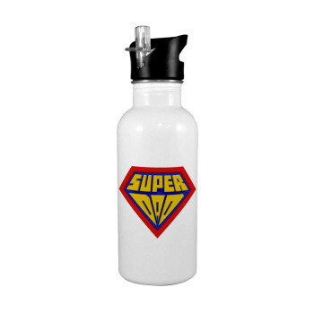 Super Dad 3D, White water bottle with straw, stainless steel 600ml
