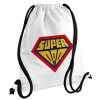 Super Dad 3D, Τσάντα πλάτης πουγκί GYMBAG λευκή, με τσέπη (40x48cm) & χονδρά κορδόνια