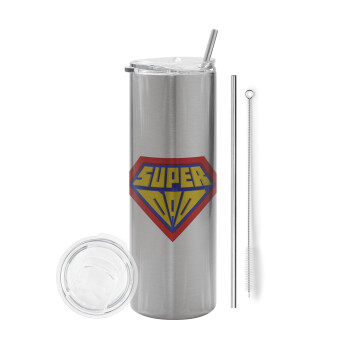 Super Dad 3D, Tumbler ποτήρι θερμό Ασημένιο από ανοξείδωτο ατσάλι 600ml, με μεταλλικό καλαμάκι & βούρτσα καθαρισμού