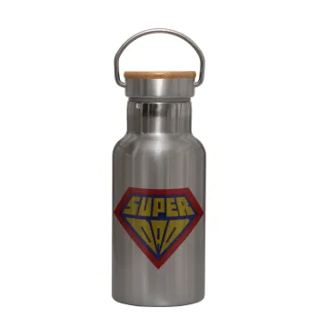 Super Dad 3D, Stainless steel metallic thermos flask, silver with a bamboo lid, double-walled, 350ml.