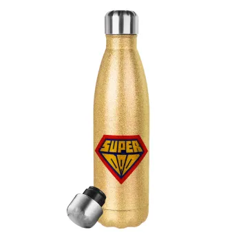 Super Dad 3D, Μεταλλικό παγούρι θερμός Glitter χρυσό (Stainless steel), διπλού τοιχώματος, 500ml