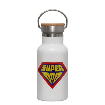 Super Dad 3D, Μεταλλικό παγούρι θερμός (Stainless steel) Λευκό με ξύλινο καπακι (bamboo), διπλού τοιχώματος, 350ml