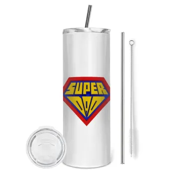 Super Dad 3D, Tumbler ποτήρι θερμό από ανοξείδωτο ατσάλι 600ml, με μεταλλικό καλαμάκι & βούρτσα καθαρισμού