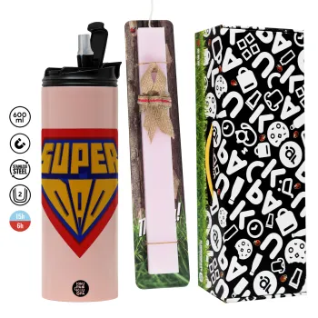 Super Dad 3D, Πασχαλινή Λαμπάδα με  ΡΟΖ Travel Tumbler θερμό (600ml, BPA free) & κερί αρωματικό πλακέ (30cm) (ΡΟΖ)
