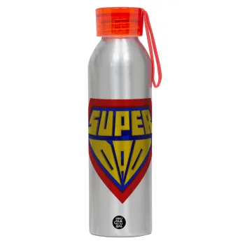 Super Dad 3D, Αλουμινένιο Αθλητικό Μπουκάλι 650ml – Ασημί με Κόκκινο Καπάκι και Λουράκι Σιλικόνης