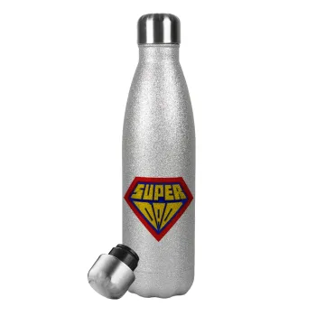 Super Dad 3D, Μεταλλικό παγούρι θερμός Glitter Aσημένιο (Stainless steel), διπλού τοιχώματος, 500ml