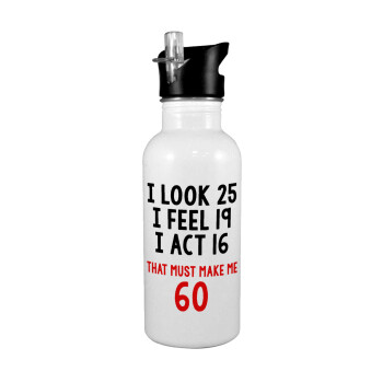 I look, i feel, i act..., White water bottle with straw, stainless steel 600ml