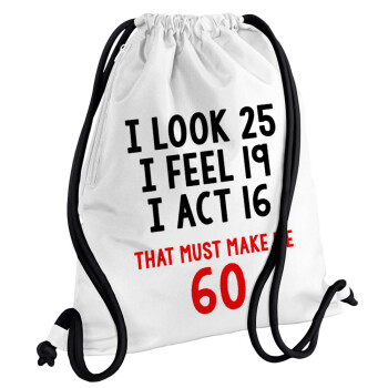 I look, i feel, i act..., Backpack pouch GYMBAG white, with pocket (40x48cm) & thick cords